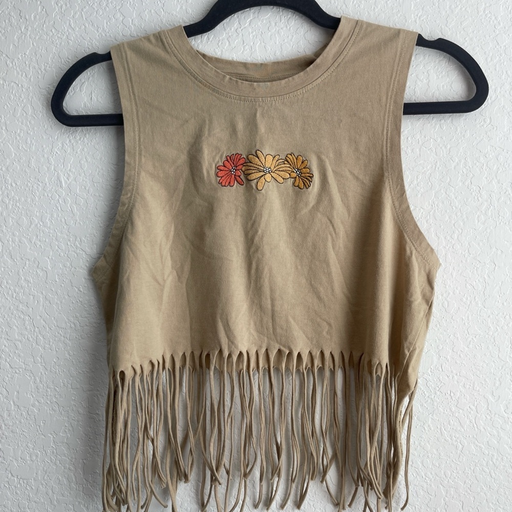 La Luna: Fringed Crop Top with Sunflower & Butterfly Design
